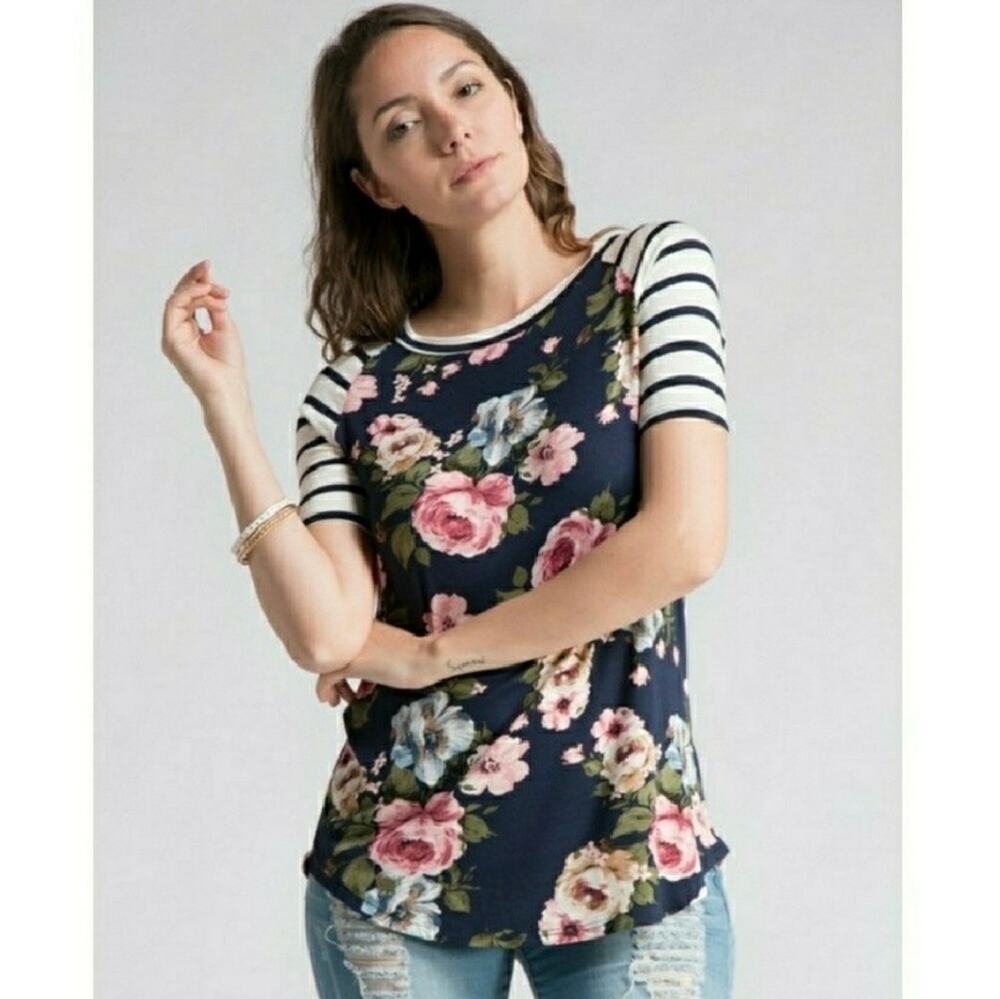 New! LAST ONE! Fashionomics Jersey Floral Striped tee S/L Super Soft